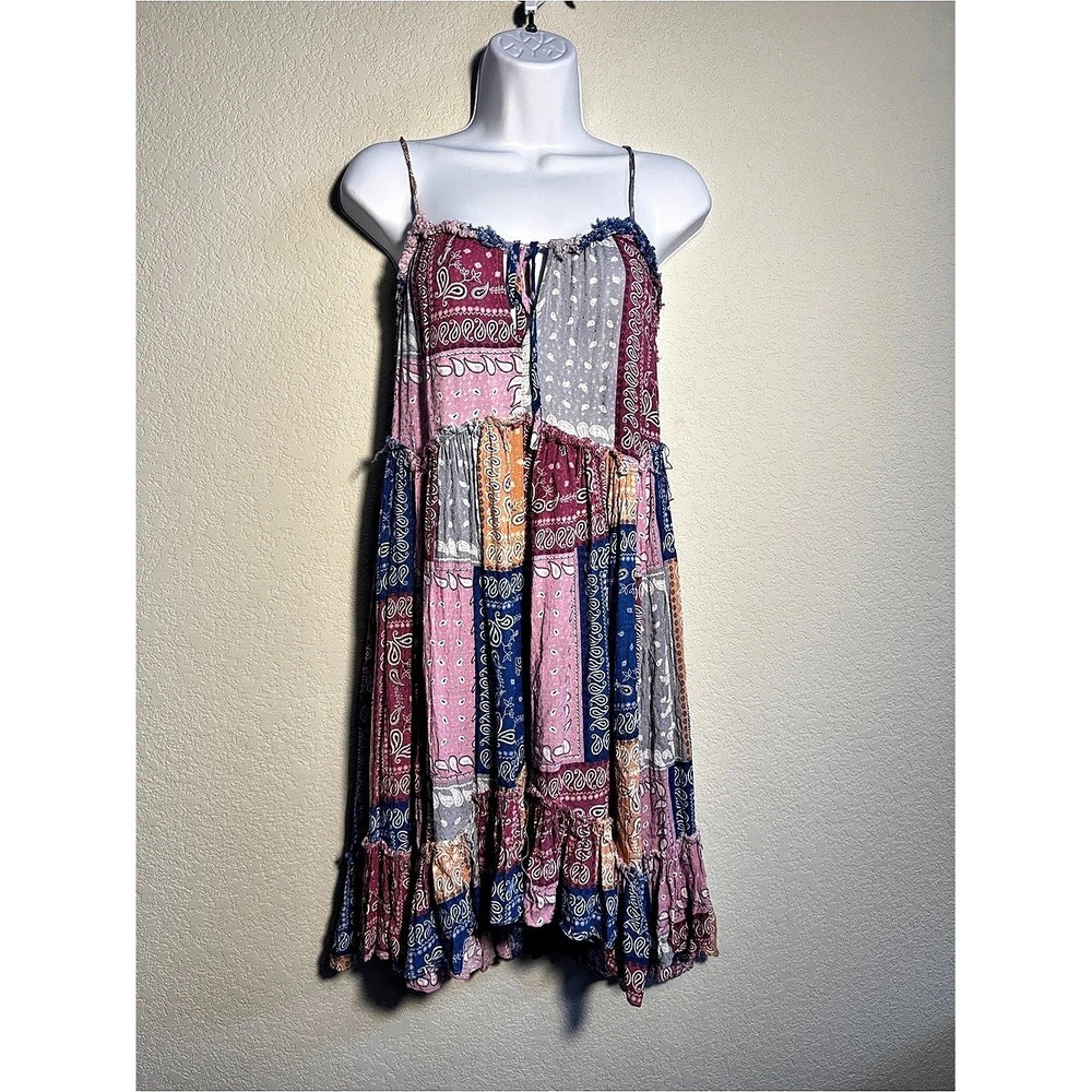Love Stitch Patchwork Paisley Mini Dress in Pink & Blue boho festival